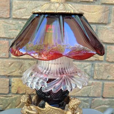 #76: Red & Clear Glass Avon Lamp with Angels
