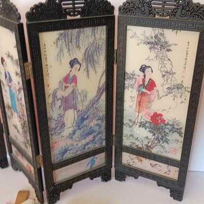 Oriental Miniature 4 Panel Folding Screen / Dollhouse Miniature Geisha Room Divider With chop sticks and other Asian themed Collectibles.