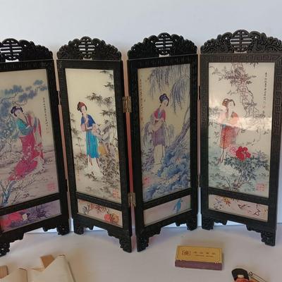 Oriental Miniature 4 Panel Folding Screen / Dollhouse Miniature Geisha Room Divider With chop sticks and other Asian themed Collectibles.
