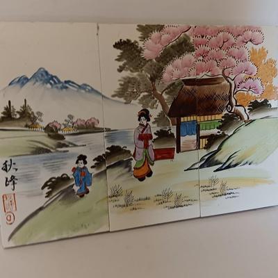 Vintage UCAGCO Japan Hand Painted Art Tiles Japanese Mountain Village Scene Signed