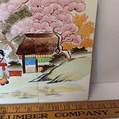 Vintage UCAGCO Japan Hand Painted Art Tiles Japanese Mountain Village Scene Signed