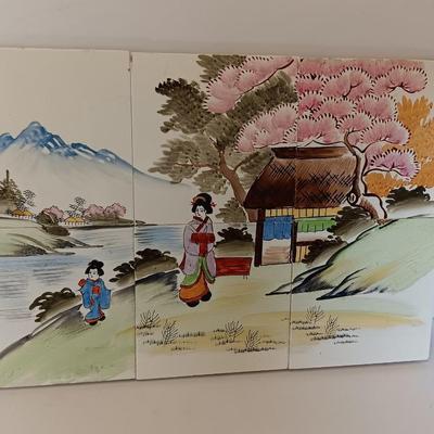 Vintage UCAGCO Japan Hand Painted Art Tiles Japanese Mountain Village Scene Signed