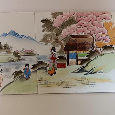 Vintage UCAGCO Japan Hand Painted Art Tiles Japanese Mountain Village Scene Signed