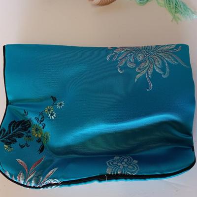 Silk Asian coin bag with Vintage Japanese Japan Carved Open Work Filigree Wood Fan Sensu
