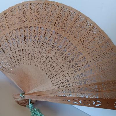 Silk Asian coin bag with Vintage Japanese Japan Carved Open Work Filigree Wood Fan Sensu