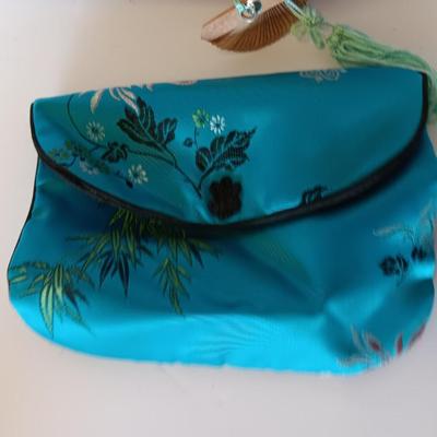 Silk Asian coin bag with Vintage Japanese Japan Carved Open Work Filigree Wood Fan Sensu