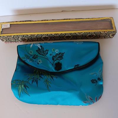 Silk Asian coin bag with Vintage Japanese Japan Carved Open Work Filigree Wood Fan Sensu