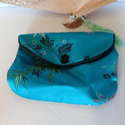 Silk Asian coin bag with Vintage Japanese Japan Carved Open Work Filigree Wood Fan Sensu