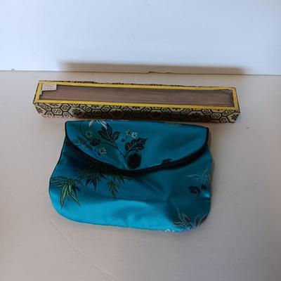 Silk Asian coin bag with Vintage Japanese Japan Carved Open Work Filigree Wood Fan Sensu
