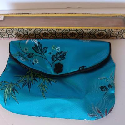 Silk Asian coin bag with Vintage Japanese Japan Carved Open Work Filigree Wood Fan Sensu