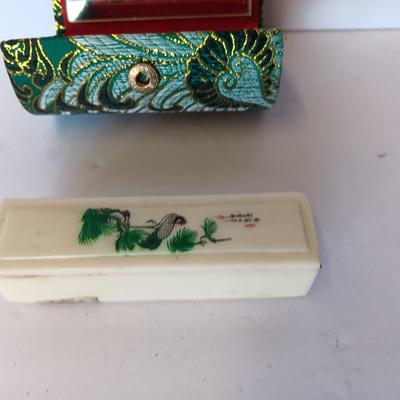 Vintage hand painted Oriental themed sliding lipstick case with small hard sided / cloth covered makeup pouch