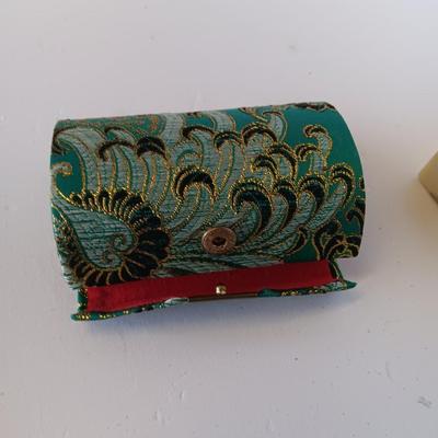 Vintage hand painted Oriental themed sliding lipstick case with small hard sided / cloth covered makeup pouch
