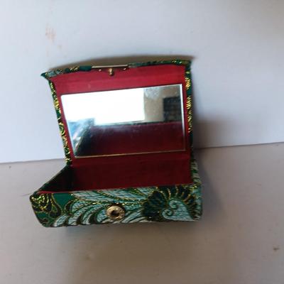Vintage hand painted Oriental themed sliding lipstick case with small hard sided / cloth covered makeup pouch