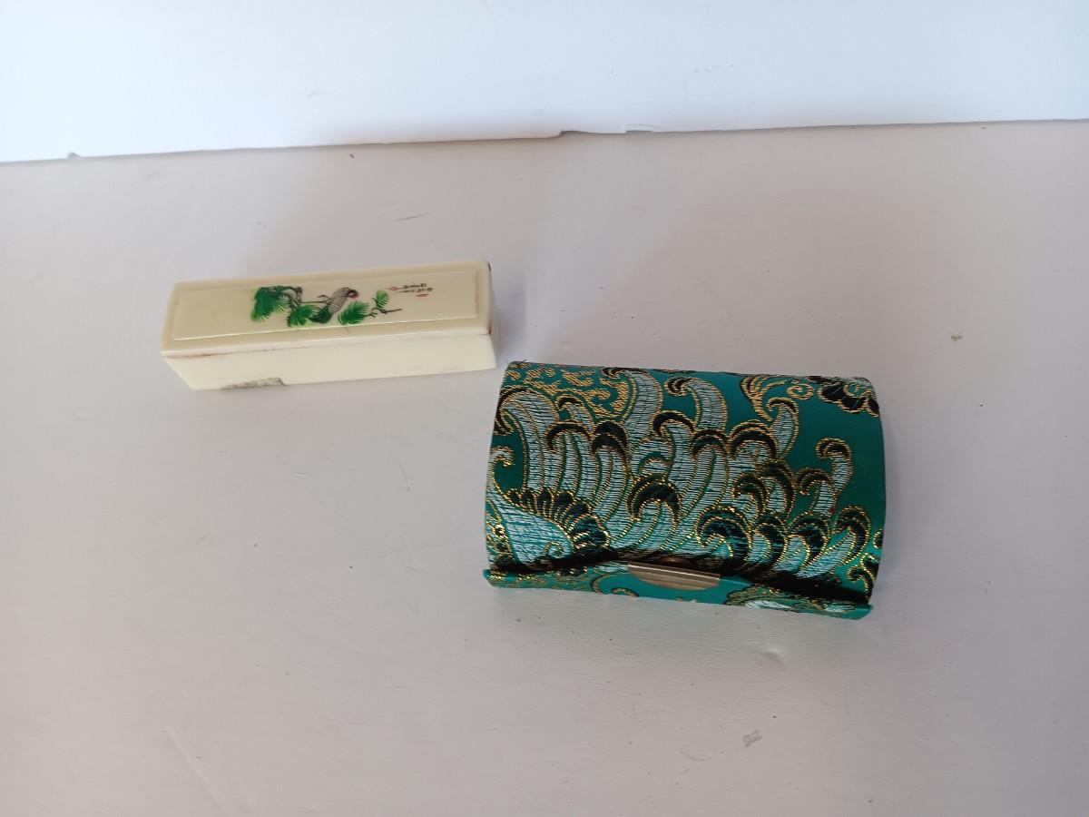 Vintage hand painted Oriental themed sliding lipstick case with small hard  sided / cloth covered makeup pouch