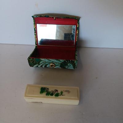 Vintage hand painted Oriental themed sliding lipstick case with small hard sided / cloth covered makeup pouch