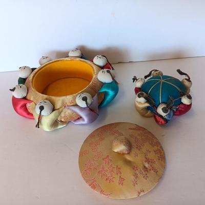 Vintage Asian Chinese Trinket Holder /Sewing pin cushion container with Silk pin cushion - circle of friends