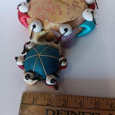 Vintage Asian Chinese Trinket Holder /Sewing pin cushion container with Silk pin cushion - circle of friends