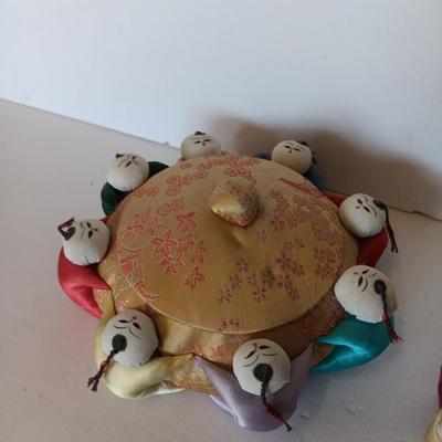 Vintage Asian Chinese Trinket Holder /Sewing pin cushion container with Silk pin cushion - circle of friends