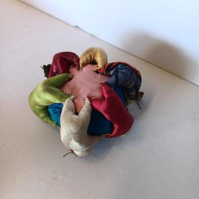 Vintage Asian Chinese Trinket Holder /Sewing pin cushion container with Silk pin cushion - circle of friends