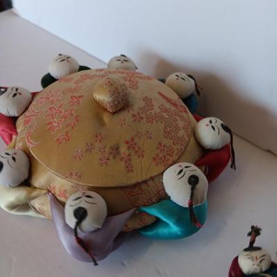 Vintage Asian Chinese Trinket Holder /Sewing pin cushion container with Silk pin cushion - circle of friends
