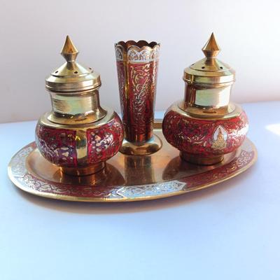 Vintage Brass Enamel Salt & Pepper Shakers, Toothpick Holder and Tray, Thailand marked