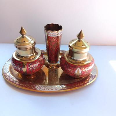 Vintage Brass Enamel Salt & Pepper Shakers, Toothpick Holder and Tray, Thailand marked