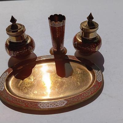 Vintage Brass Enamel Salt & Pepper Shakers, Toothpick Holder and Tray, Thailand marked