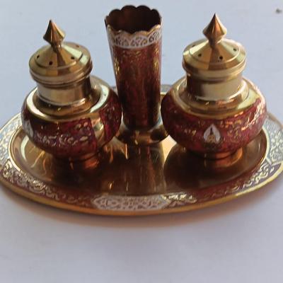 Vintage Brass Enamel Salt & Pepper Shakers, Toothpick Holder and Tray, Thailand marked