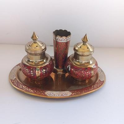 Vintage Brass Enamel Salt & Pepper Shakers, Toothpick Holder and Tray, Thailand marked