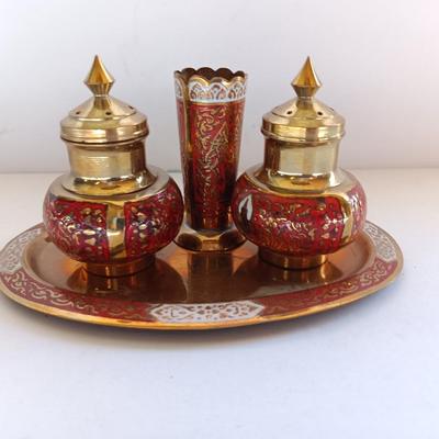 Vintage Brass Enamel Salt & Pepper Shakers, Toothpick Holder and Tray, Thailand marked