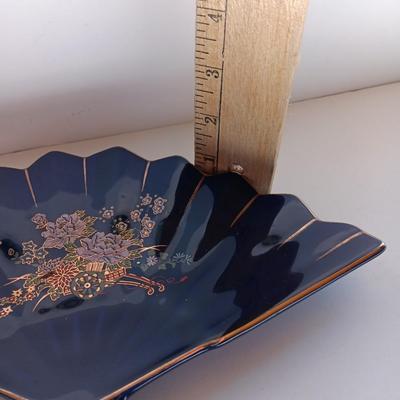 Ceramic Peacock Trinket Fan w/gold trim, Made in Japan with Japanese Sake Bottle -Butterfly Chasing Karaoke Brothers in blue print