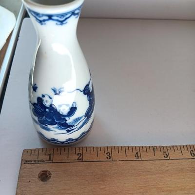 Ceramic Peacock Trinket Fan w/gold trim, Made in Japan with Japanese Sake Bottle -Butterfly Chasing Karaoke Brothers in blue print