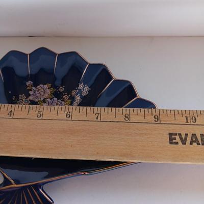Ceramic Peacock Trinket Fan w/gold trim, Made in Japan with Japanese Sake Bottle -Butterfly Chasing Karaoke Brothers in blue print