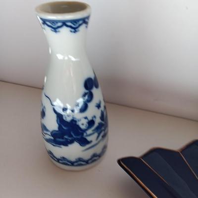 Ceramic Peacock Trinket Fan w/gold trim, Made in Japan with Japanese Sake Bottle -Butterfly Chasing Karaoke Brothers in blue print