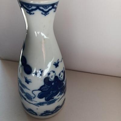Ceramic Peacock Trinket Fan w/gold trim, Made in Japan with Japanese Sake Bottle -Butterfly Chasing Karaoke Brothers in blue print