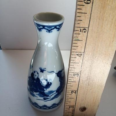 Ceramic Peacock Trinket Fan w/gold trim, Made in Japan with Japanese Sake Bottle -Butterfly Chasing Karaoke Brothers in blue print