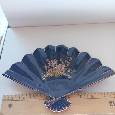 Ceramic Peacock Trinket Fan w/gold trim, Made in Japan with Japanese Sake Bottle -Butterfly Chasing Karaoke Brothers in blue print