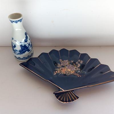 Ceramic Peacock Trinket Fan w/gold trim, Made in Japan with Japanese Sake Bottle -Butterfly Chasing Karaoke Brothers in blue print