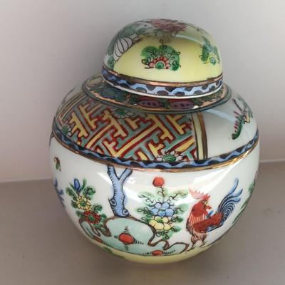 Lidded Ginger Jar Roosters and Cherry Blossoms Occupied Japan