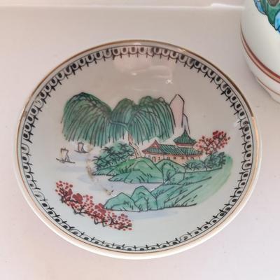 Japan Sake / Japanese Hand Painted Vase with hand painted Antique Chinese Small Porcelain Dish