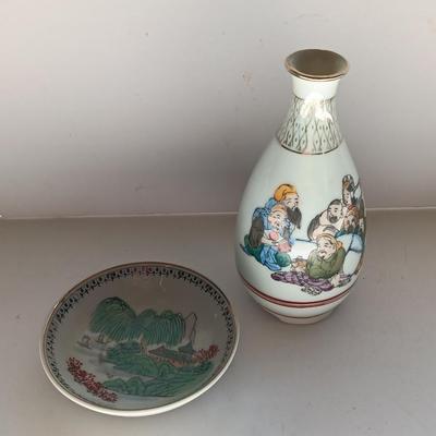 Japan Sake / Japanese Hand Painted Vase with hand painted Antique Chinese Small Porcelain Dish