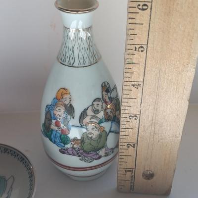 Japan Sake / Japanese Hand Painted Vase with hand painted Antique Chinese Small Porcelain Dish