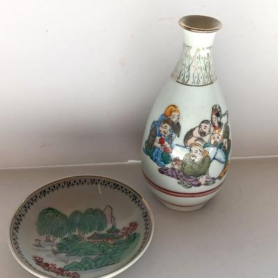 Japan Sake / Japanese Hand Painted Vase with hand painted Antique Chinese Small Porcelain Dish