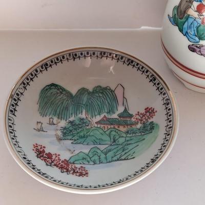 Japan Sake / Japanese Hand Painted Vase with hand painted Antique Chinese Small Porcelain Dish