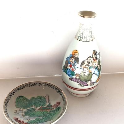 Japan Sake / Japanese Hand Painted Vase with hand painted Antique Chinese Small Porcelain Dish