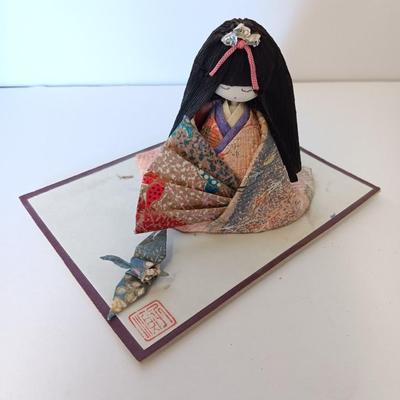 Painted Asian boy vase with Signed traditional Japanese Kimekomi craft doll