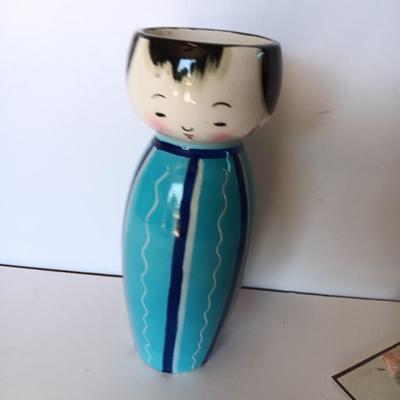 Painted Asian boy vase with Signed traditional Japanese Kimekomi craft doll