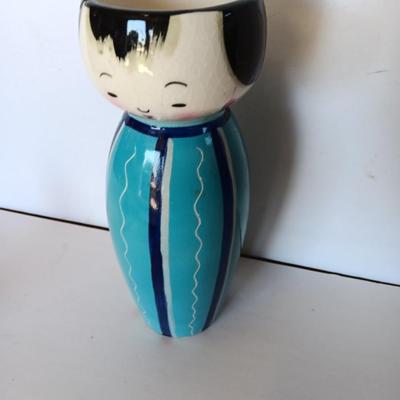 Painted Asian boy vase with Signed traditional Japanese Kimekomi craft doll