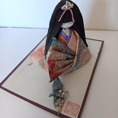 Painted Asian boy vase with Signed traditional Japanese Kimekomi craft doll