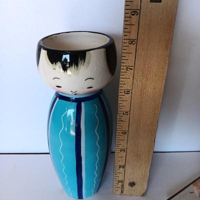 Painted Asian boy vase with Signed traditional Japanese Kimekomi craft doll